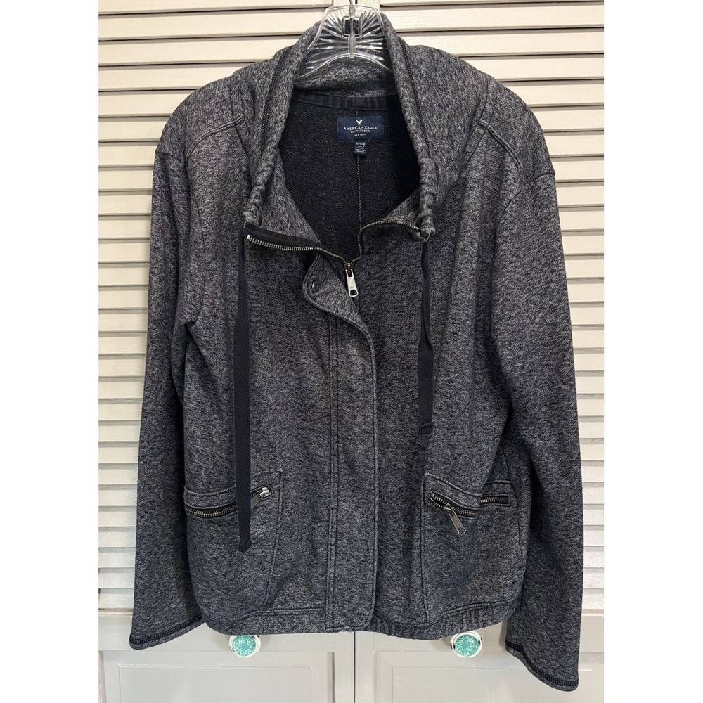 American Eagle Gray Zip Up Sweat Jacket Zip Pockets Snaps Size Large Warm